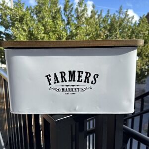 Farmers Market Metal Storage Bin w/ Wood Lid Farmhouse Kitchen Decor 16"x11"x9'